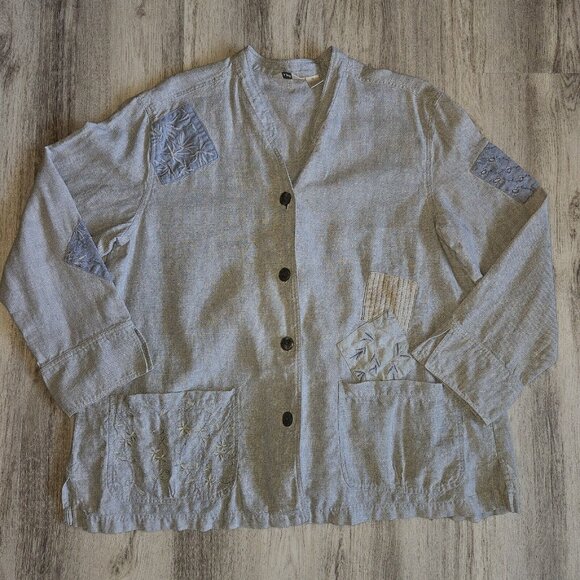 J JIll Unstructured Linen Jacket Womens M Sage Lagenlook Embroidered Vintage - Picture 6 of 16